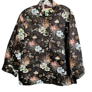Vintage Danya Asian Brown/Blue Embroidered Floral Longsleeve Silk/Rayon Blazer